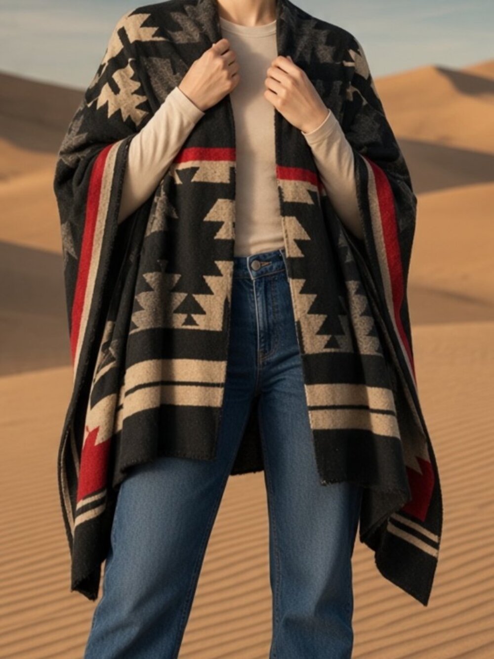 Modena Women‎ Black Red Aztec Print Toggle Front Poncho Cape Wrap One Size